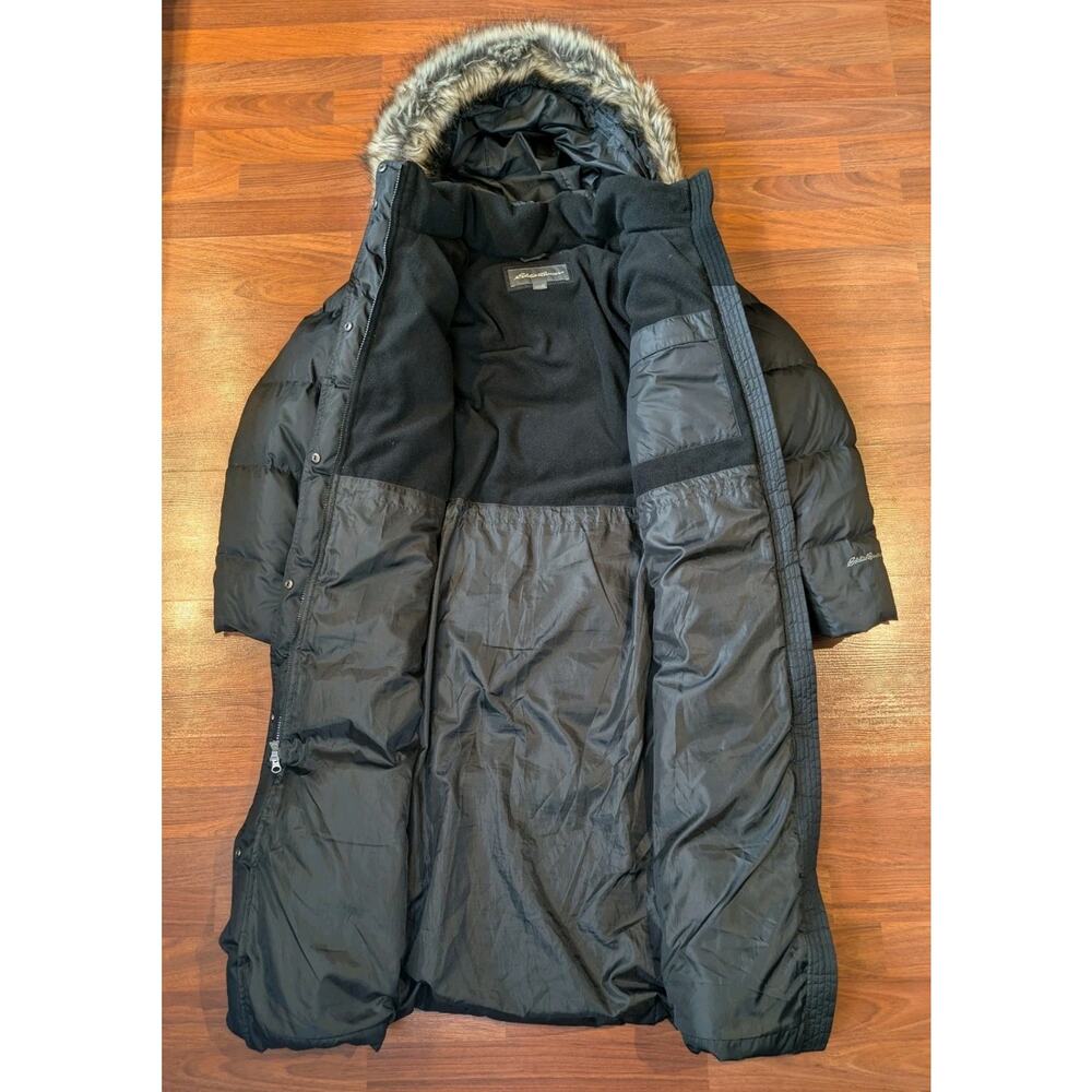 Eddie Bauer Womens 2X Long Down Puffer Coat Black Hooded Faux Fur Winter Parka - Picture 4 of 11